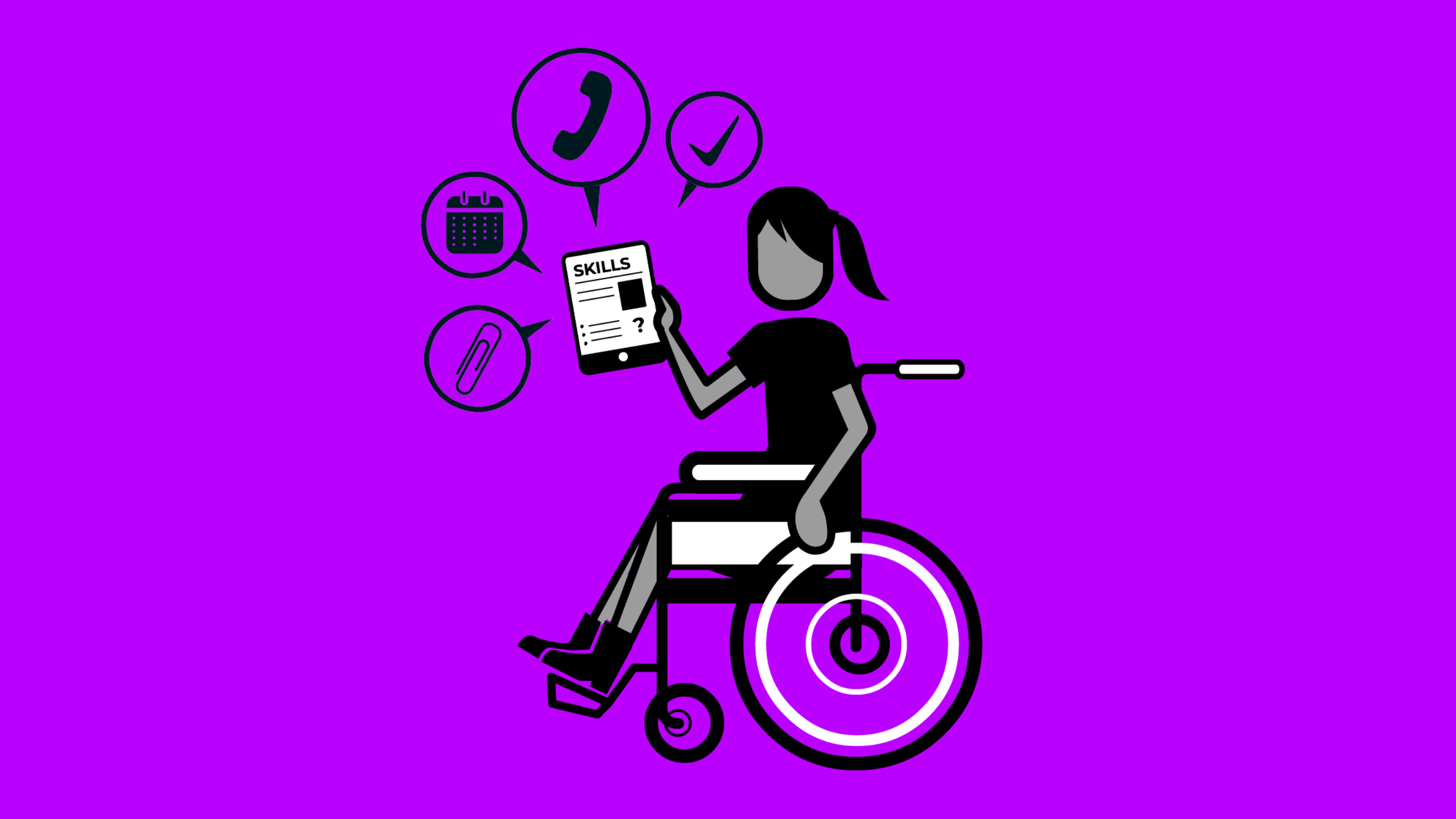 Cartoon in wheelchair holding a tablet with different bubbles coming off 