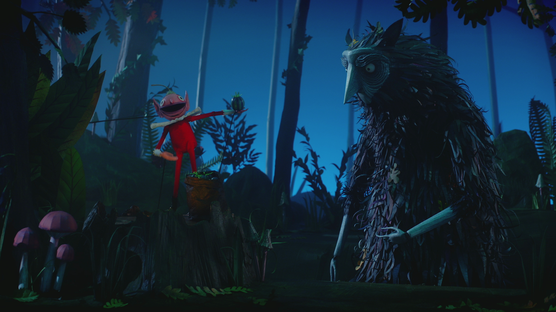 A still from a stop motion animated film, a small elf makes an offering to a larger creature