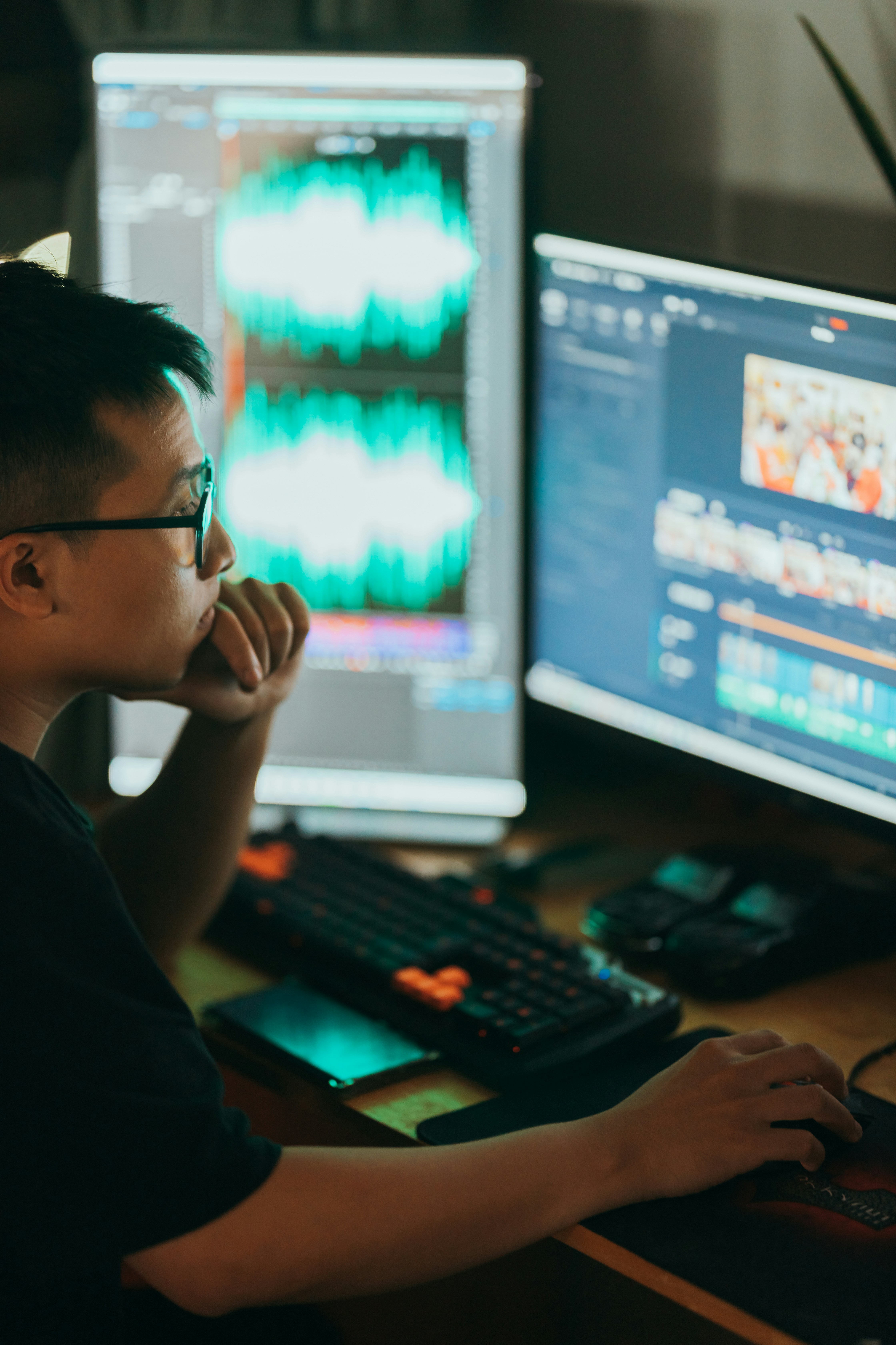 A man wearing glasses looks at a computer monitor where editing software is displayed
