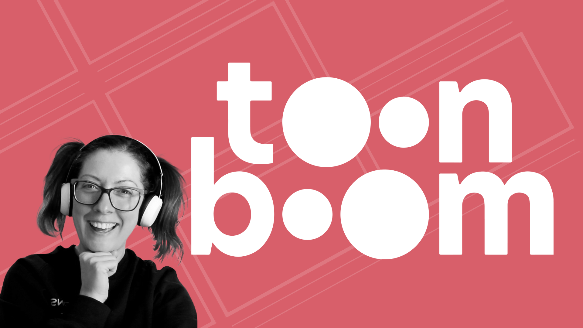 A picture of a woman smiling against a pale red background. The Toon Boom logo is on the right in white.