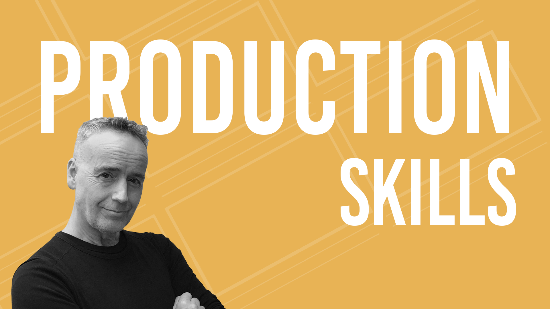 A picture of Jonathan Edwards against a pale orange background with the words 'production skills' appearing behind him in white.