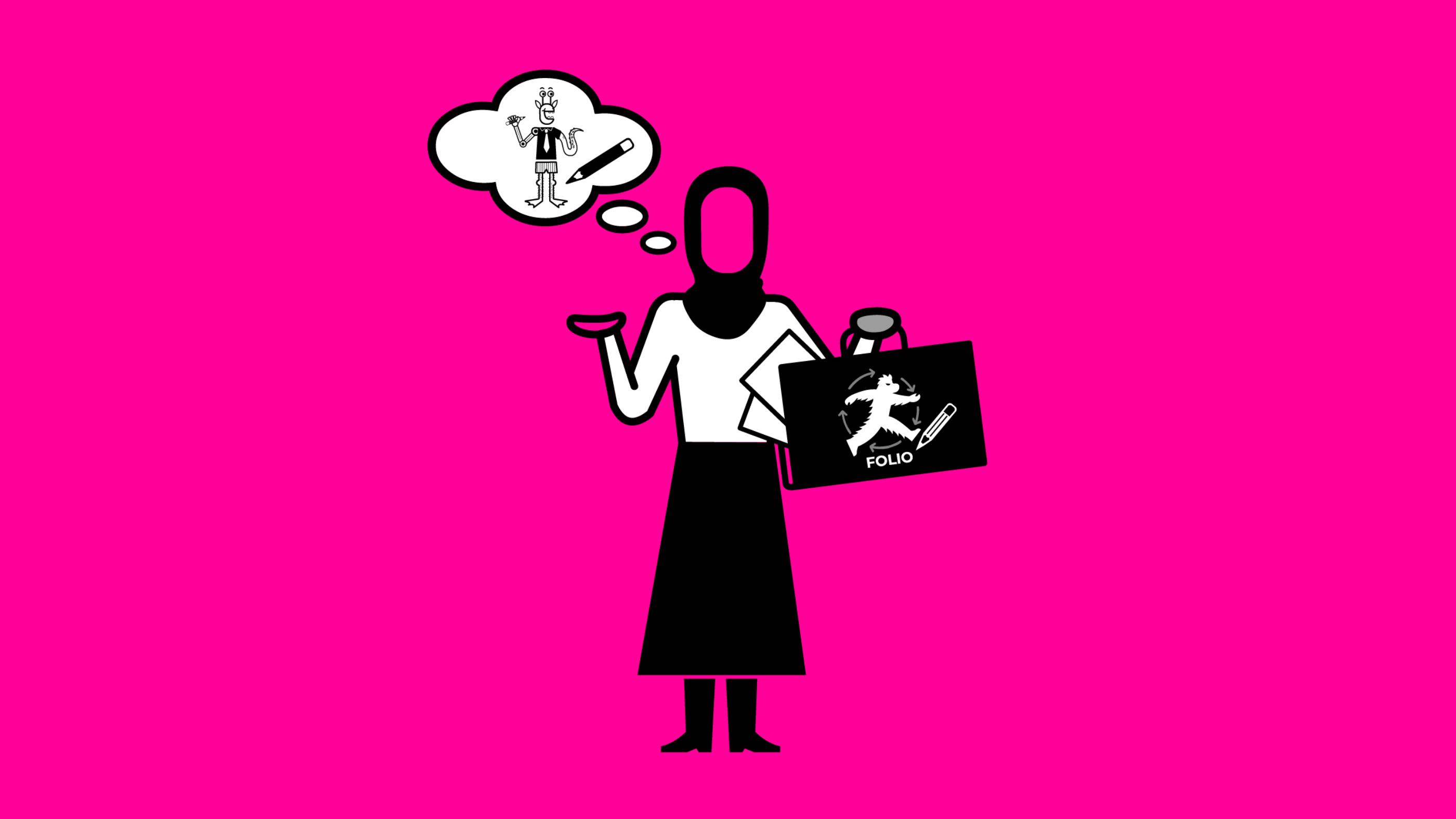 A cartoon figure holding a briefcase with a thought bubble