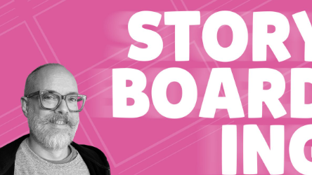 "Storyboarding" is written in large white lettering on a pink background. On the left is a picture of Benedict Tomczyk-Bowen