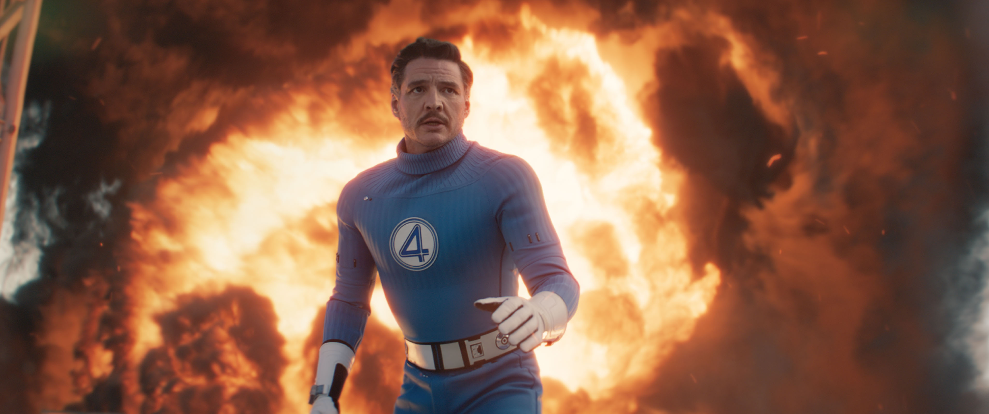 Pedro Pascal as Mister Fantastic running through flames, image from Avengers: Doomsday