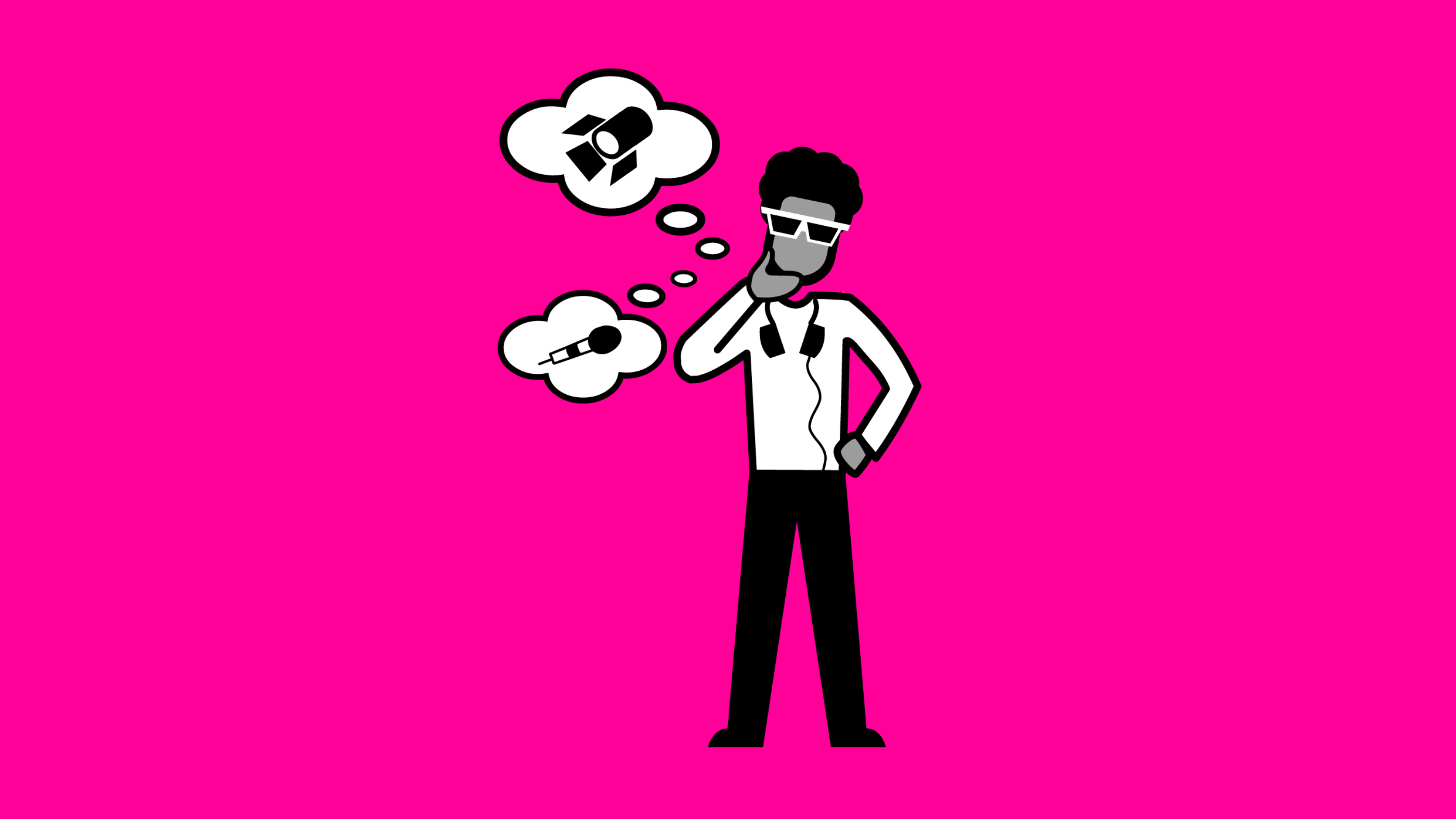 A cartoon figure thinking about a camera and microphone 