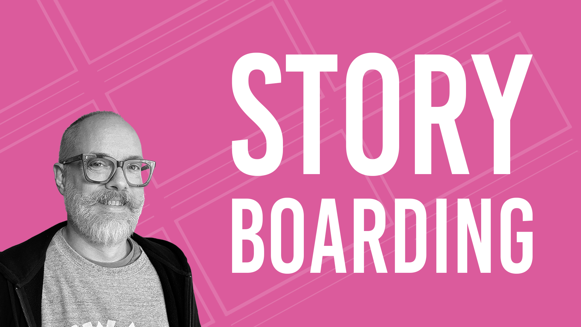 A picture of Benedict Tomczyk-Bowen smiling against a pink background with the words 'Story Boarding' next to him in white.