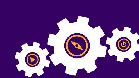 Three cartoon cogs with symbols within them of a play button, a compass dial, and a standby button.