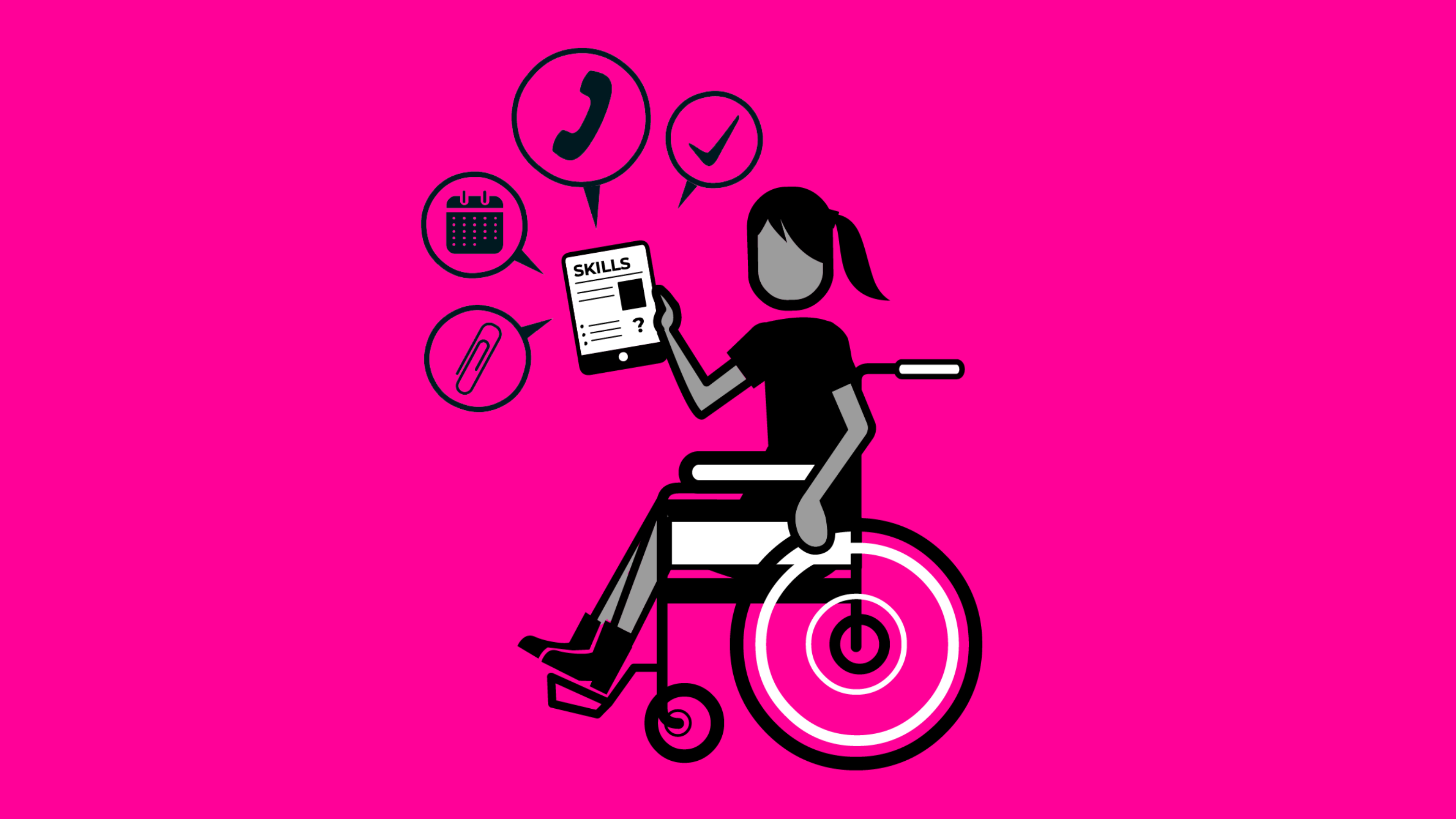 An animated figure in a wheelchair with speech bubbles of phone symbols