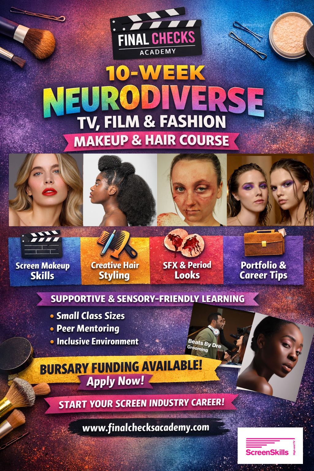 A colourful graphic advertising the course using bold multi-coloured lettering and including four photos of different hair and make-up looks
