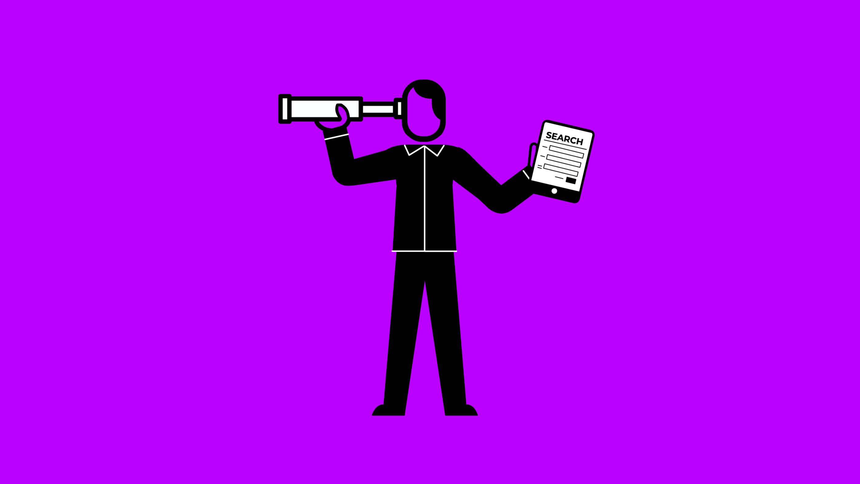 Cartoon figure looking through telescope holding a sheet that says search