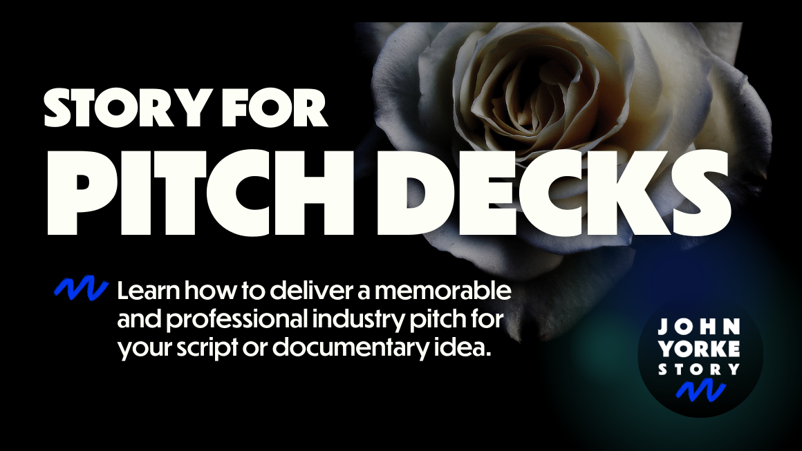 A graphic with an image of a white rose. Overlaying this in white lettering is the title of the course: "Story for pitch decks". Underneath is more writing describing how this course will help attendees learn to deliver a pitch.