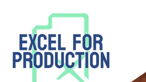 The 'Excel for production' logo appears against a white background in the top left corner with a closeup image of hands typing on a keyboard underneath.
