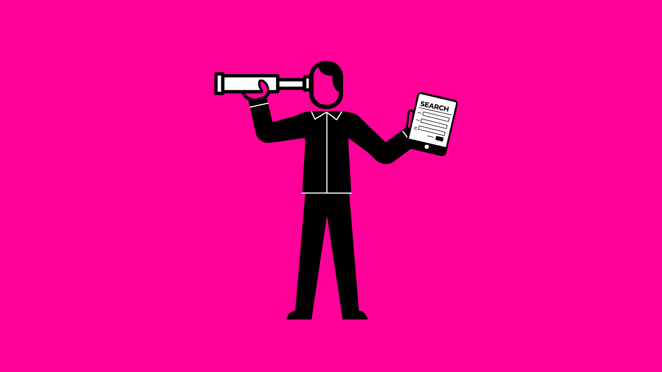 A cartoon figure holding a telescope in one hand and a clipboard in the other