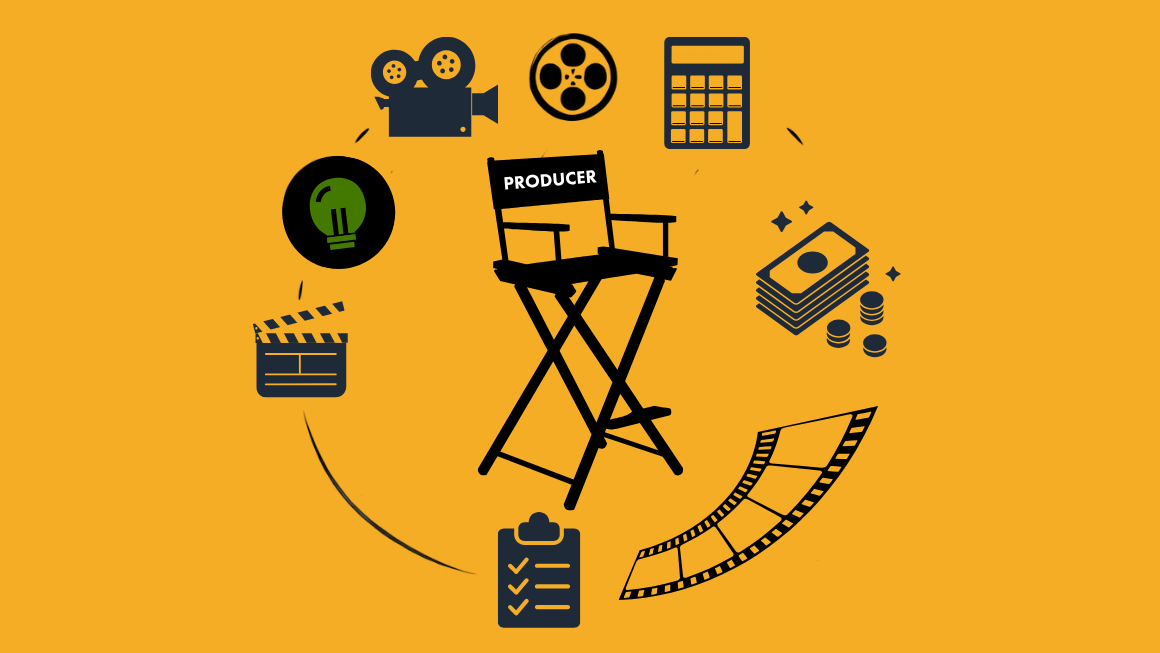 Drawing of directors chair, clapperboard and film reel 